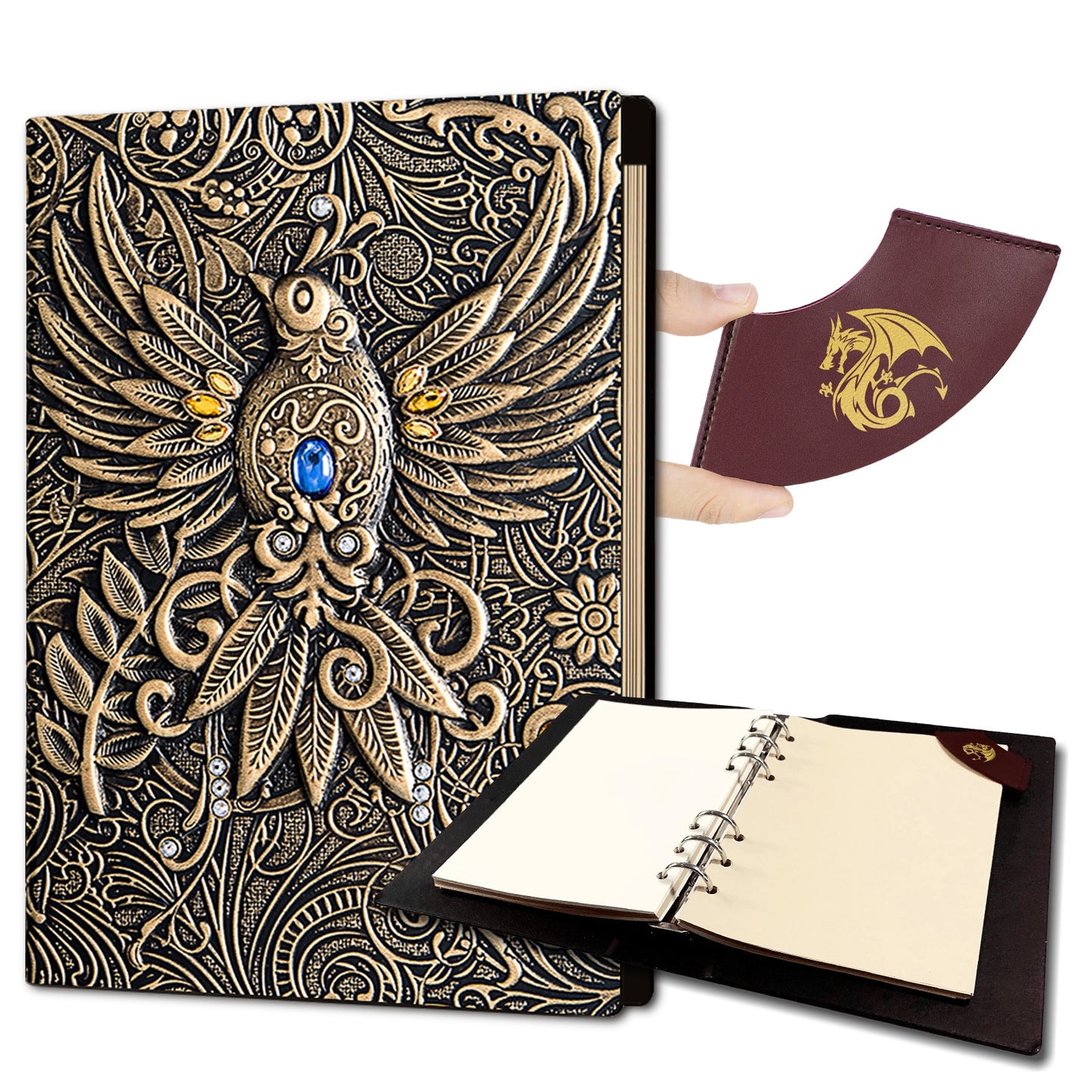 D&D Journal 400 Page Book with Dragon, Wyrmling, Phoenix Embossed Leather Refillable 6-rings binder and Bookmark