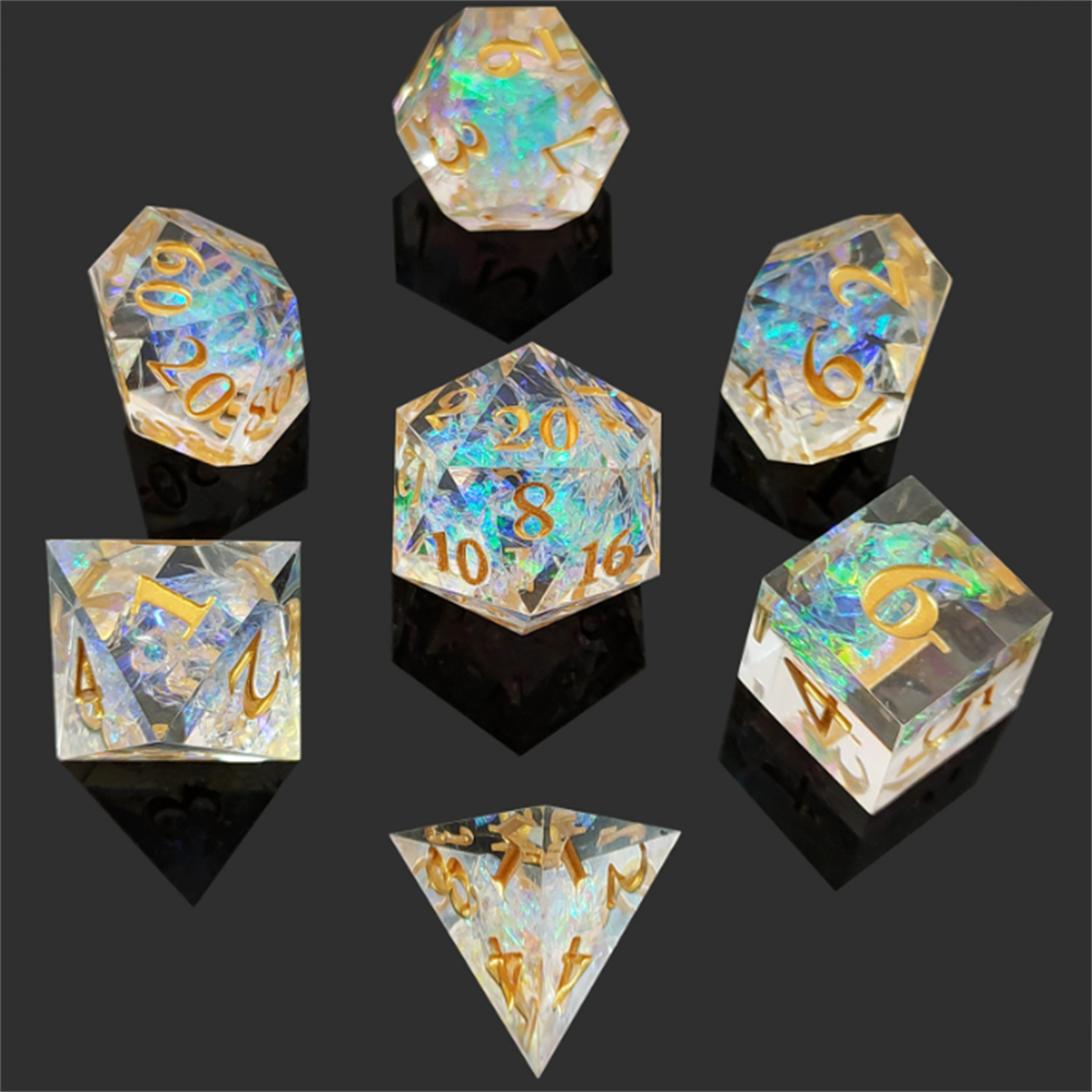 Transparent Sharp Edge Crystal Style Polyhedral Resin D&D Dice Set 7Pcs Assortment