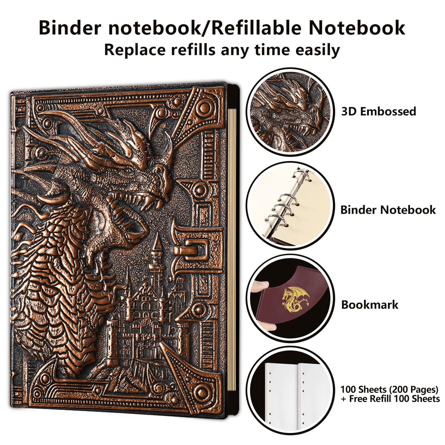D&D Journal 400 Page Book with Dragon, Wyrmling, Phoenix Embossed Leather Refillable 6-rings binder and Bookmark