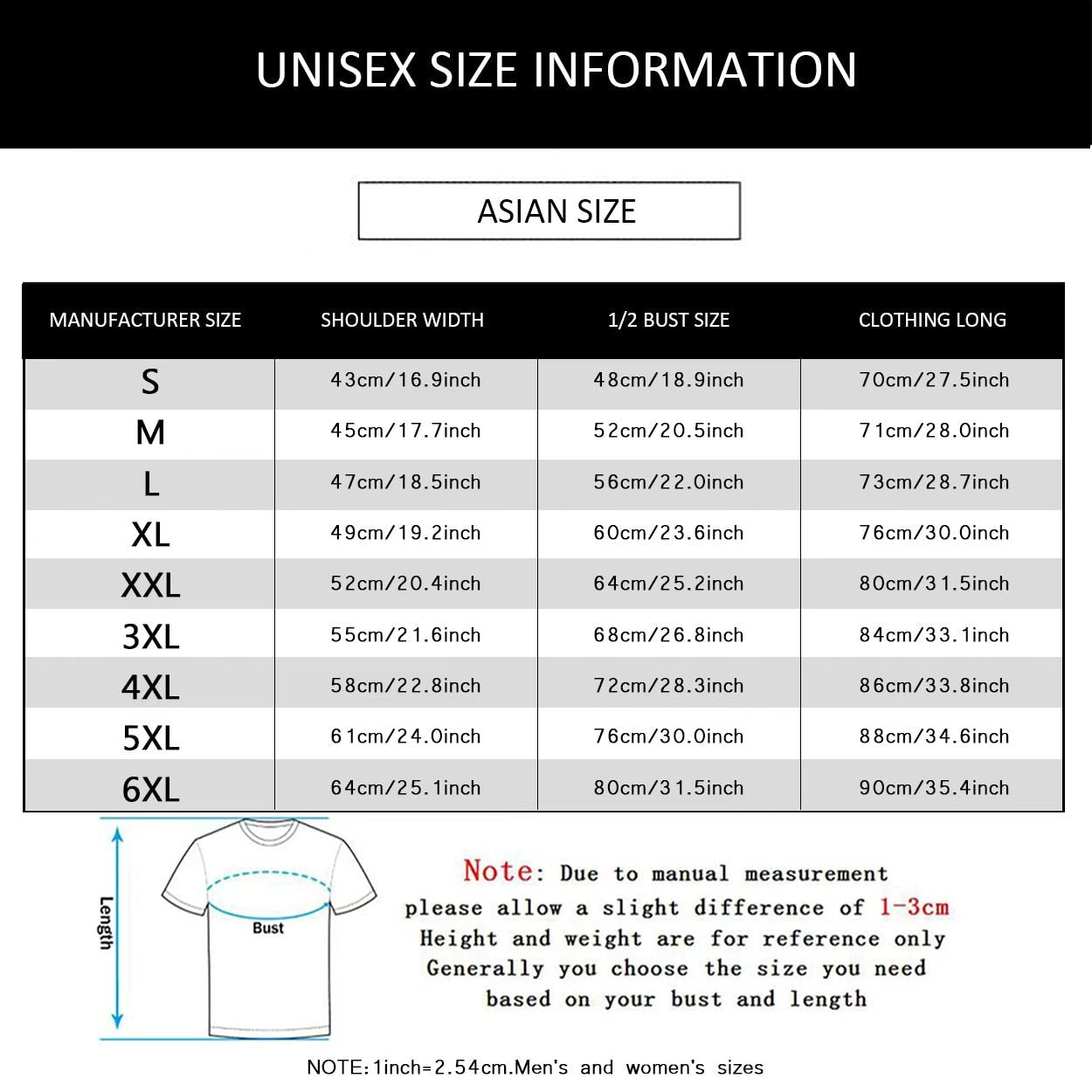 Asian Size chart for t-shirts