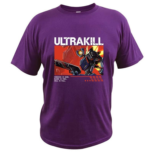 Purple Ultrakill shirt with taglines: Mankind is dead. Blood is fuel. Hell is full.