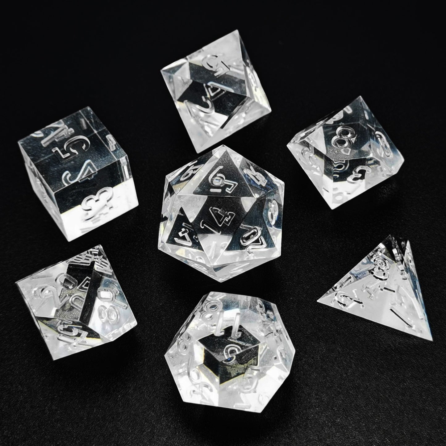 Clear Sharp Edge Crystal Style Polyhedral Resin D&D Dice Set 7Pcs