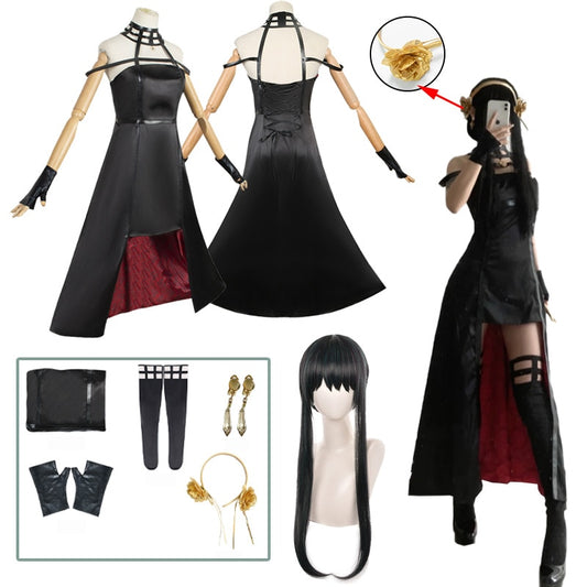 SPY×FAMILY Anime Thorn Princess Cosplay Costume Yor Forger Long Hair Wig Black Dress Outfit
