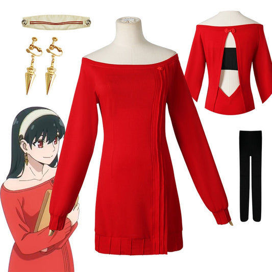 SPY×FAMILY Anime Yor Forger Cosplay Costumes Red Sweater Dress Casual Wear Black Braid Wig